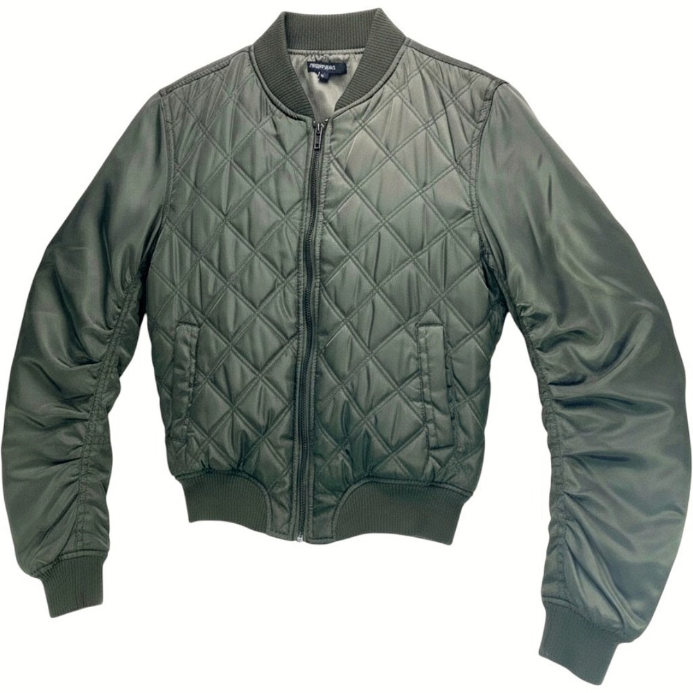 Papermoon Diamond Quilted Olive Bomber Jacket Ruched Pocket Lightweight Women M